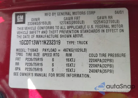 2001 Chevrolet S-10 Ls из США, поврежденный, VIN 1GCDT13W11K232319